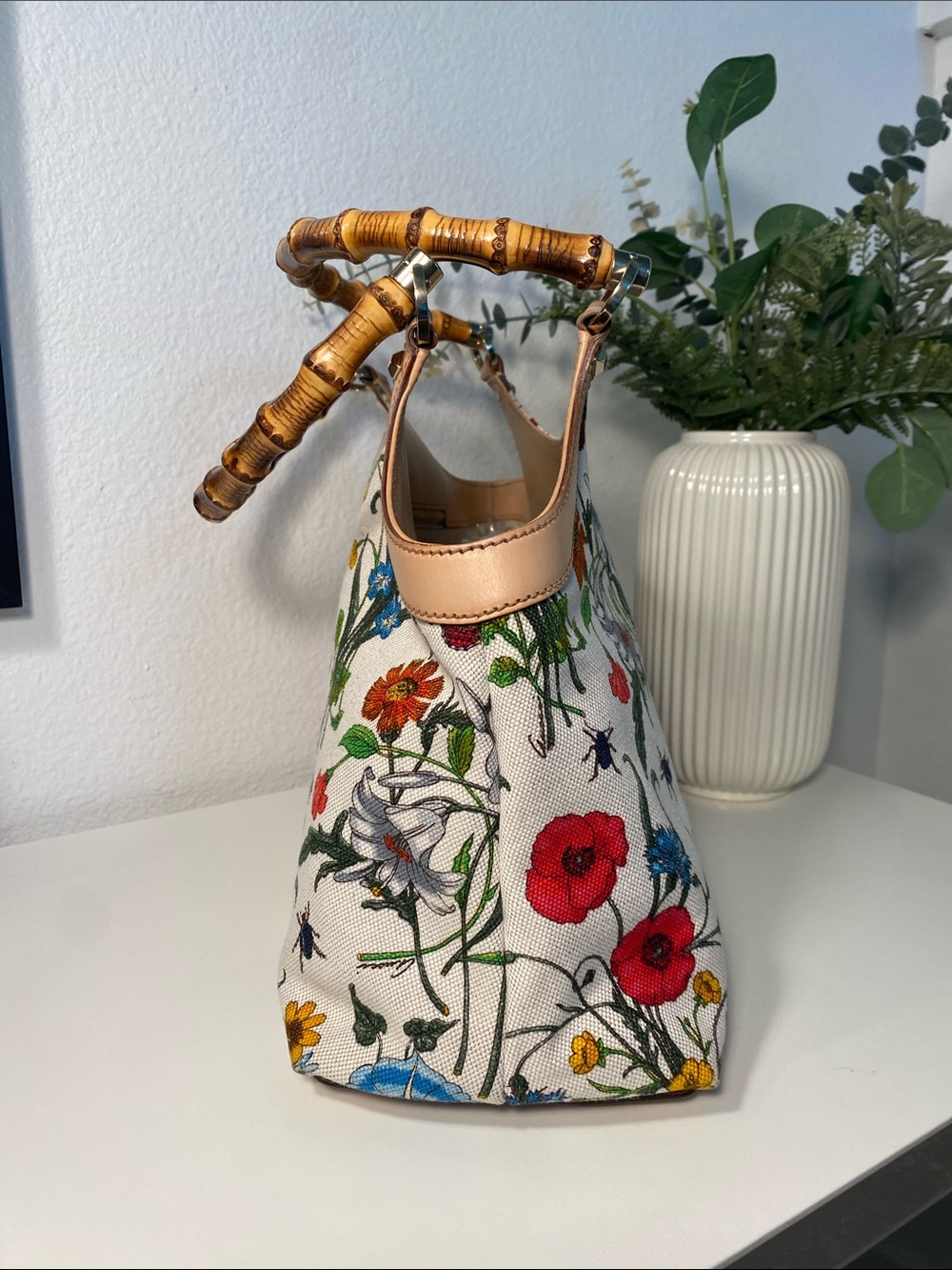 GUCCI Floral Dual Handle Bamboo Canvas/Leather Satchel - Picture 4 of 14